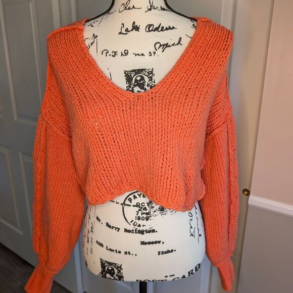 We The Free Orange V-Neck Sweater Chunky Knit - Picture 1 of 7